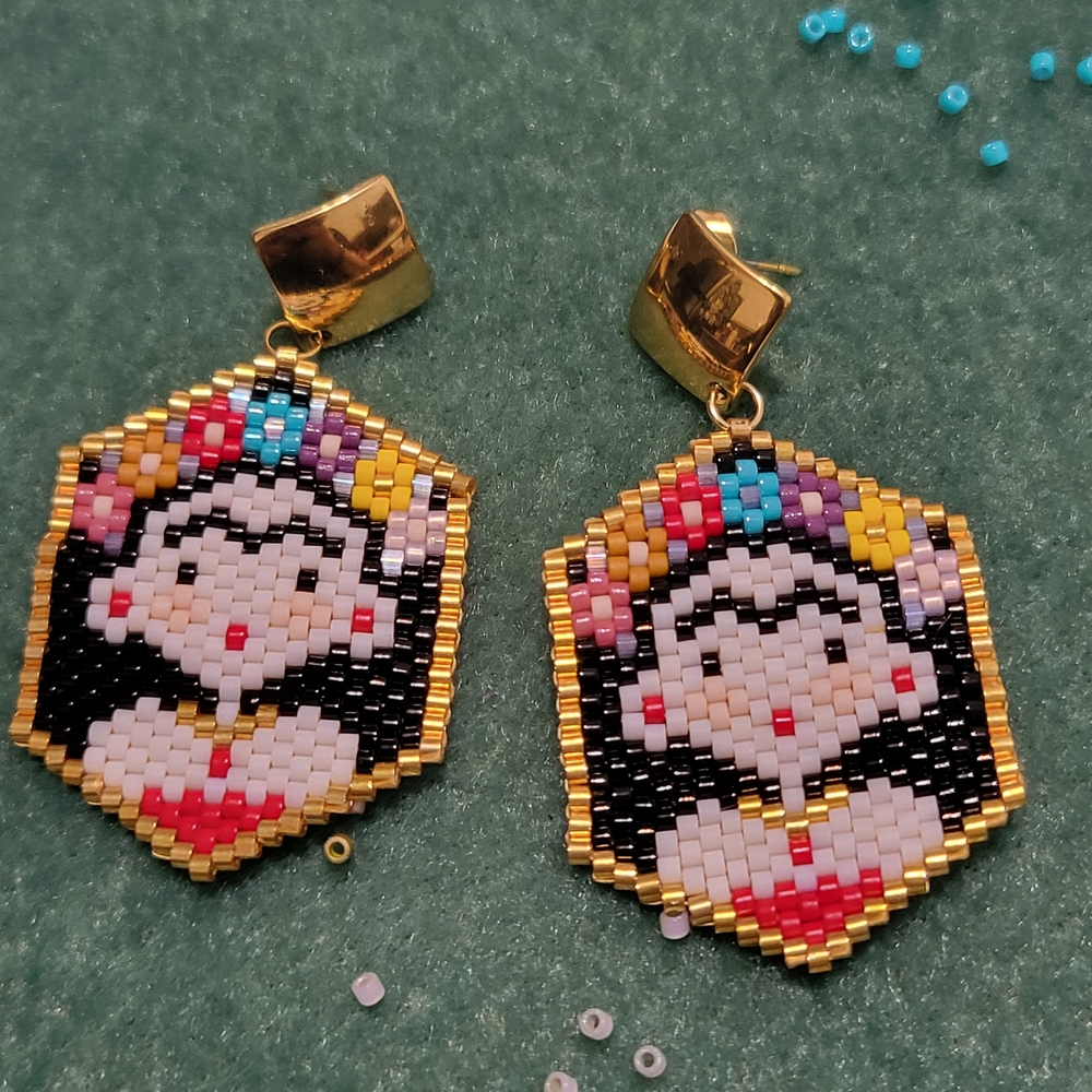 Handmade Beaded Cartoon Portrait Earrings in Black and Gold